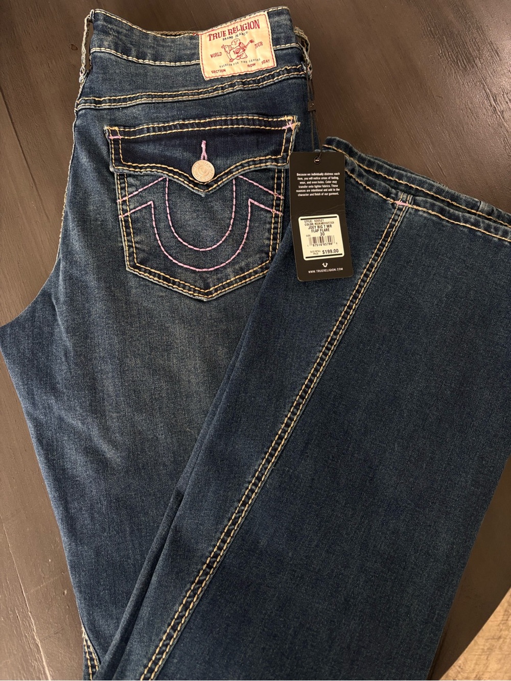 True Religion Dark Blue Boot Cut Jeans with Pink Stitching